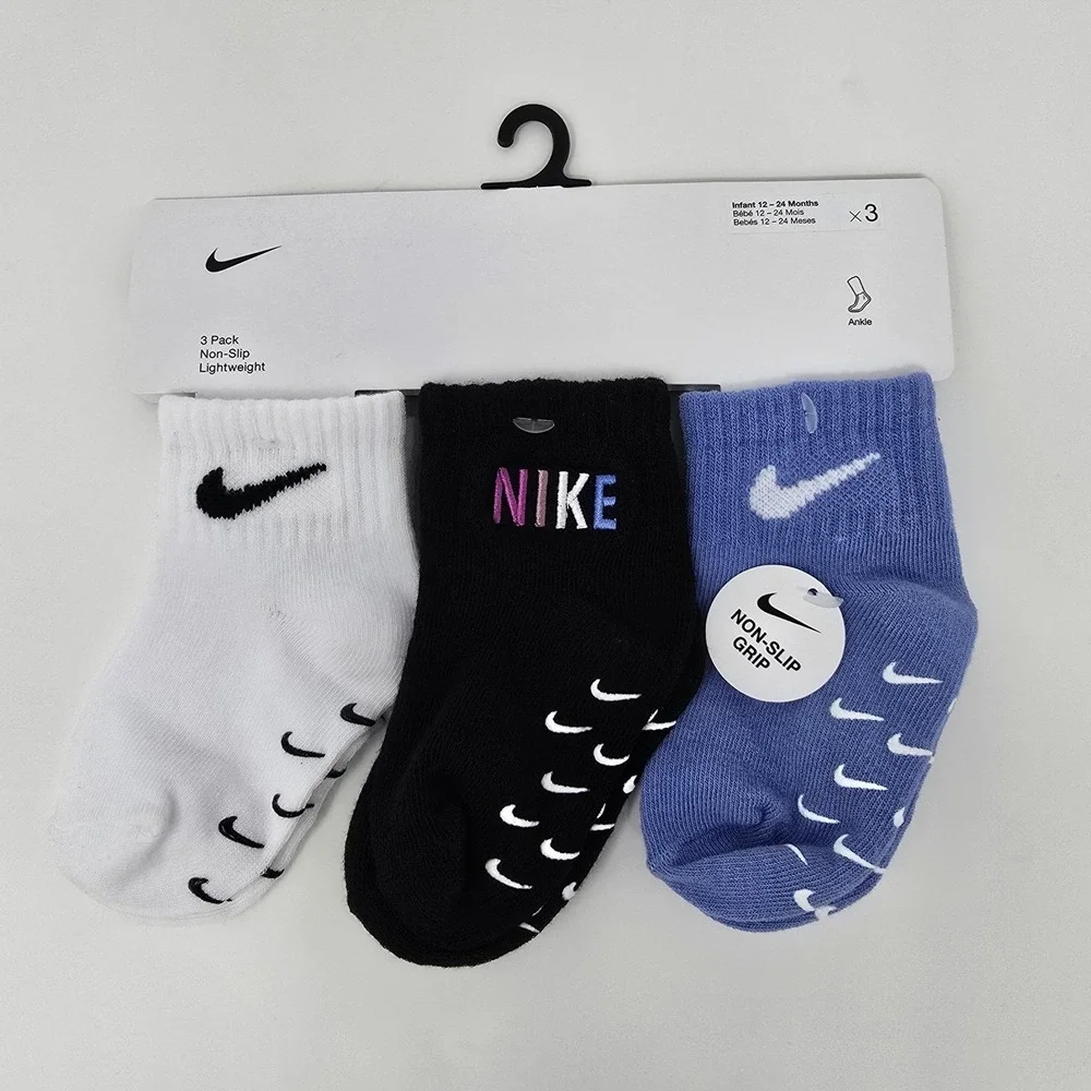 Nike Baby 3 Pair Non Slip Lightweight Ankle Socks~Blue, Black & White 12‎ - 24 M
